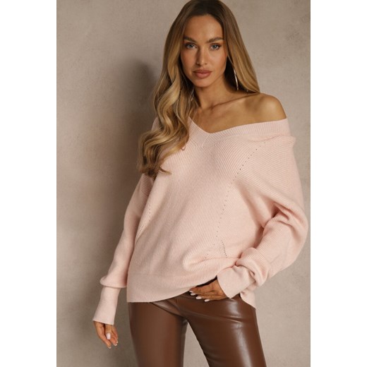 Jasnoróżowy Sweter z Dodatkiem Kaszmiru i Trójkątnym Dekoltem Silefera ze sklepu renee.pl w kategorii Swetry damskie - zdjęcie 188024659