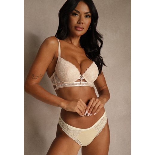 Beżowy Koronkowy Biustonosz w Klasycznym Stylu z Aplikacją Galinassa ze sklepu renee.pl w kategorii Biustonosze - zdjęcie 188025258