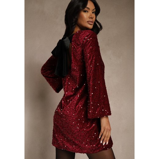 Czerwona Sukienka z Odkrytymi Plecami z Kokardą Zdobiona Cekinami Carilyera ze sklepu renee.pl w kategorii Sukienki - zdjęcie 188031049
