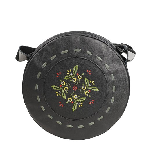 czarna okrągła damska  torebka skórzana z haftem  na ramię Hela Flo Słoń Torbalski wyprzedaż Słoń Torbalski