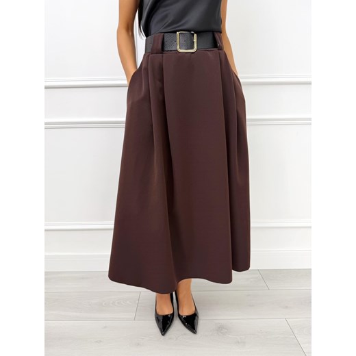 Ciemnobrązowa Rozkloszowana Spódnica Midi z Paskiem ze sklepu ModnaKiecka.pl w kategorii Spódnice - zdjęcie 188037636