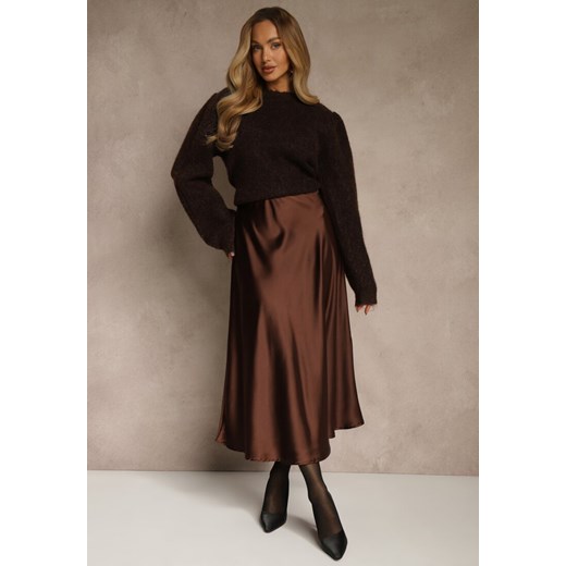 Brązowa Satynowa Midi Spódnica Rozkloszowana z Gumką w Pasie i Suwakiem Leose ze sklepu renee.pl w kategorii Spódnice - zdjęcie 188038247