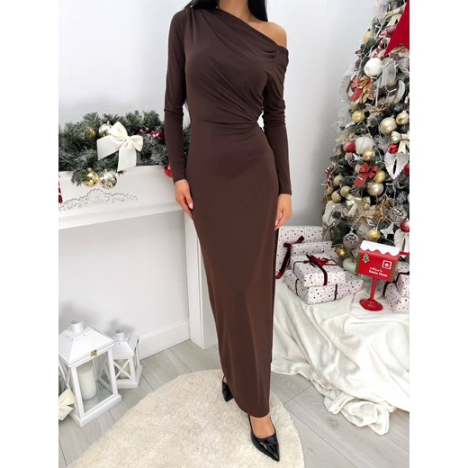Czekoladowa Sukienka Maxi z Marszczeniem ze sklepu ModnaKiecka.pl w kategorii Sukienki - zdjęcie 188052595