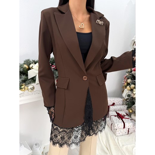 Czekoladowa Marynarka z Koronką ze sklepu ModnaKiecka.pl w kategorii Marynarki damskie - zdjęcie 188052609