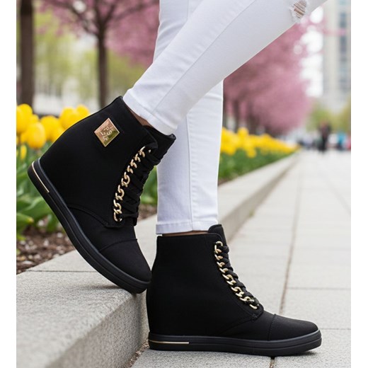 Czarne sneakersy damskie na koturnie /A9-3 12766 T596/ ze sklepu Pantofelek24.pl w kategorii Botki - zdjęcie 188059449