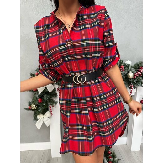 Czerwona Sukienka/Tunika w Kratę z Paskiem ze sklepu ModnaKiecka.pl w kategorii Sukienki - zdjęcie 188065936