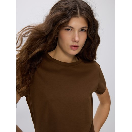 Reserved - T-shirt z domieszką jedwabiu - brązowy ze sklepu Reserved w kategorii Bluzki damskie - zdjęcie 188087379
