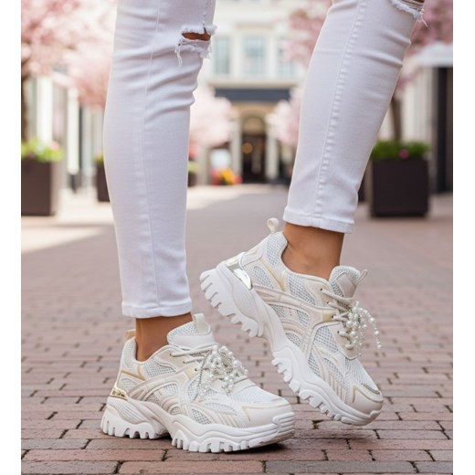 Beżowe sportowe buty na platformie D7-3 17342 T641/ ze sklepu Pantofelek24.pl w kategorii Buty sportowe damskie - zdjęcie 188100936