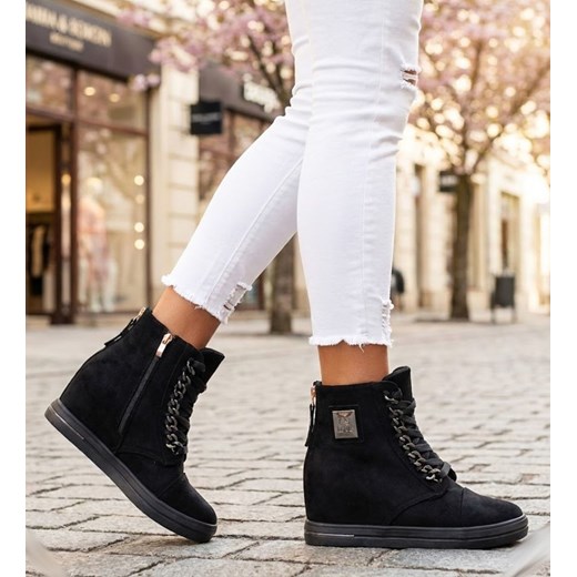 Czarne sneakersy damskie na koturnie /E8-3 12765 T891/ ze sklepu Pantofelek24.pl w kategorii Botki - zdjęcie 188102728