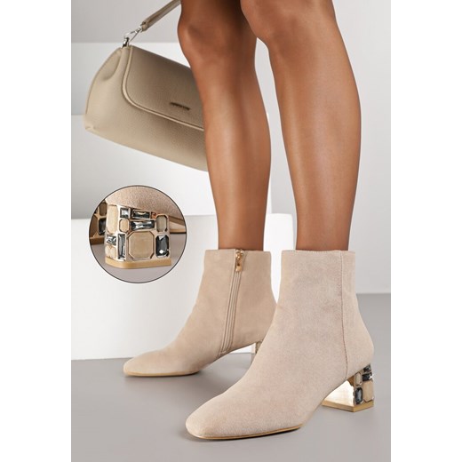 Ciemnobeżowe Botki Vices z Kryształkami na Obcasie Vortisha ze sklepu renee.pl w kategorii Botki - zdjęcie 188105936