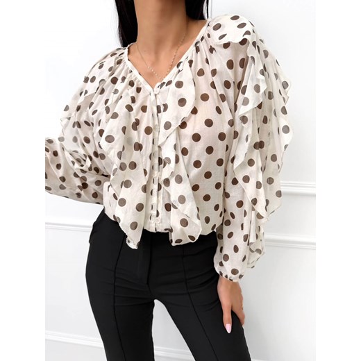 Beżowa Koszula w Grochy z Falbankami Modnakiecka.pl 42 wyprzedaż ModnaKiecka.pl