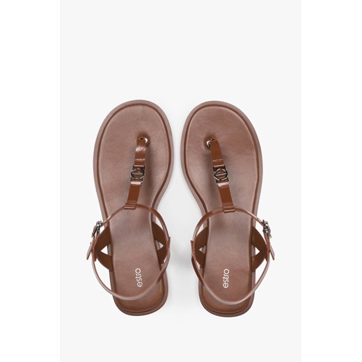 Estro: Brązowe skórzane sandały damskie typu japonki na płaskiej podeszwie ze sklepu Estro w kategorii Sandały damskie - zdjęcie 188120156