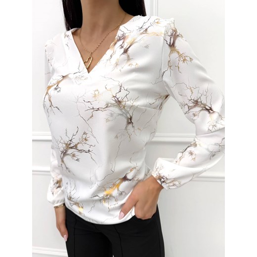 Kremowa Wzorzysta Bluzka z Dekoltem V ze sklepu ModnaKiecka.pl w kategorii Bluzki damskie - zdjęcie 188144865