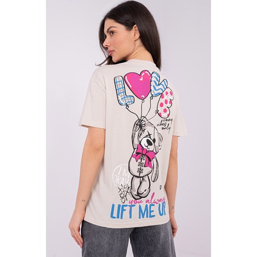 Jasnobeżowy damski t-shirt z bawełny D12022AH02645Y, Kolor jasny beż, Rozmiar L, Sublevel ze sklepu Primodo w kategorii Bluzki damskie - zdjęcie 188146006