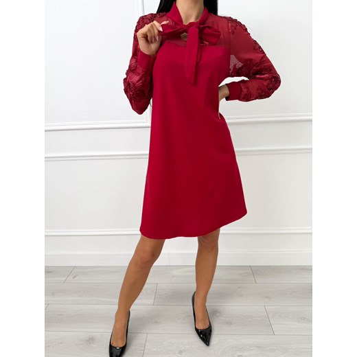 Czerwona Sukienka z Wiązaniem i Ozdobną Siateczką ze sklepu ModnaKiecka.pl w kategorii Sukienki - zdjęcie 188151689