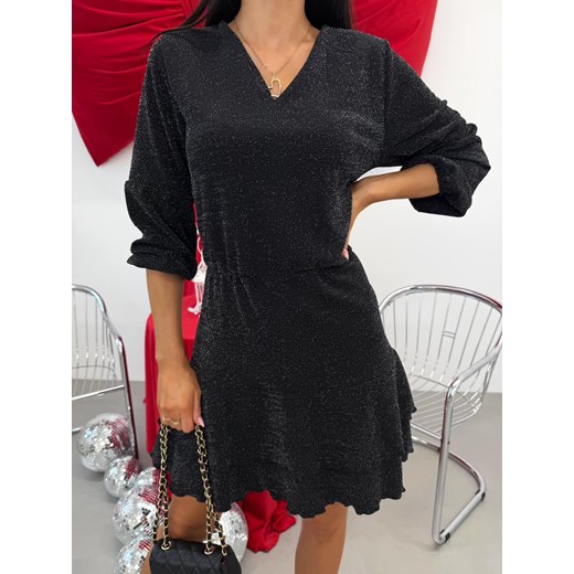 Czarna Połyskująca Sukienka z Falbanką ze sklepu ModnaKiecka.pl w kategorii Sukienki - zdjęcie 188151698