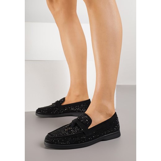 Czarne Mokasyny z Cyrkoniami i Ozdobami Distantsteam ze sklepu renee.pl w kategorii Botki - zdjęcie 188153979