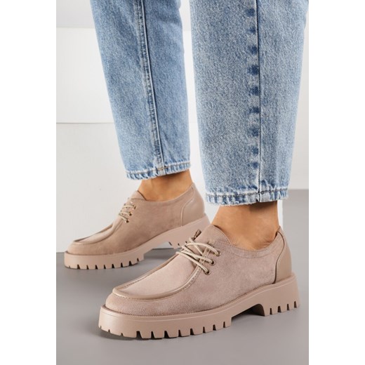 Ciemnobeżowe Półbuty Mokasyny w Stylu Boat Shoes ze Sznurowaniem Balmitar ze sklepu renee.pl w kategorii Półbuty damskie - zdjęcie 188154249