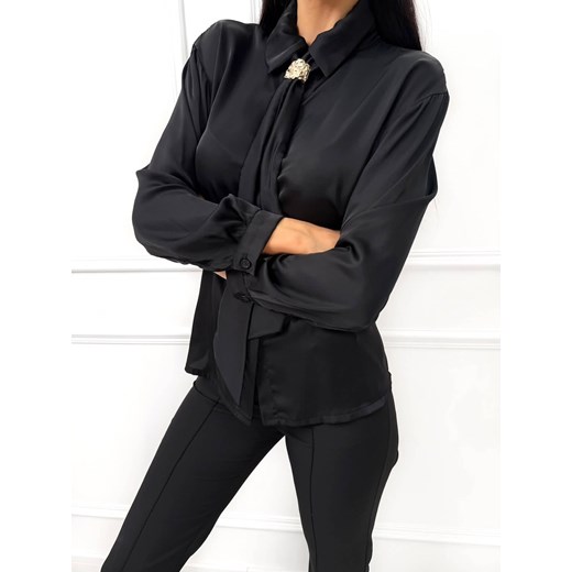 Czarna Satynowa Koszula z Ozdobnym Krawatem ze sklepu ModnaKiecka.pl w kategorii Koszule damskie - zdjęcie 188244009