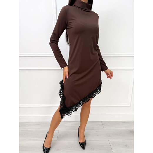 Czekoladowa Asymetryczna Sukienka z Koronką Modnakiecka.pl 40 okazyjna cena ModnaKiecka.pl