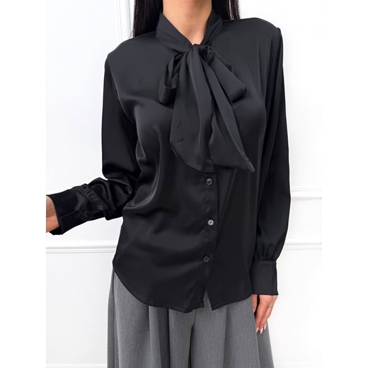 Czarna Satynowa Koszula z Wiązaniem przy Dekolcie Modnakiecka.pl 38 promocja ModnaKiecka.pl
