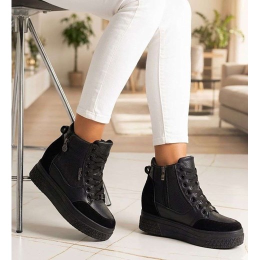 Wiązane czarne sneakersy na koturnie i platformie /F5-2 14653 T720/ ze sklepu Pantofelek24.pl w kategorii Botki - zdjęcie 188312705