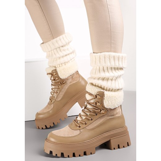 Ciemnobeżowe Traperki na Podeszwie z Protektorem i Futerkiem Alling ze sklepu born2be.pl w kategorii Workery damskie - zdjęcie 188377509