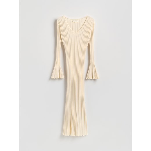 Reserved - Prążkowana sukienka z wiskozy - beżowy ze sklepu Reserved w kategorii Sukienki - zdjęcie 188425489