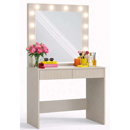 Kaszmirowa toaletka LED z ryflowanymi szufladami D0-R51 ze sklepu Edinos.pl w kategorii Toaletki - zdjęcie 188505128