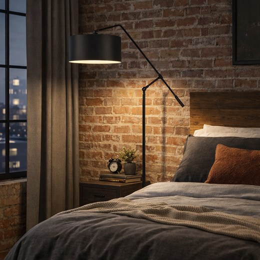 Czarna lampa stojąca do sypialni z abażurem LIBERIA z regulowanym kątem padania światła ze sklepu Lysne w kategorii Lampy podłogowe - zdjęcie 188547368