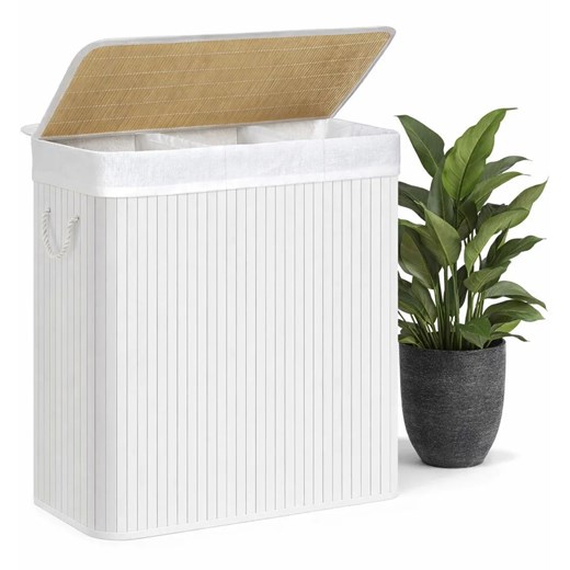 Biały bambusowy trzykomorowy kosz na pranie Z0-A27 ze sklepu Edinos.pl w kategorii Kosze na pranie - zdjęcie 188689305