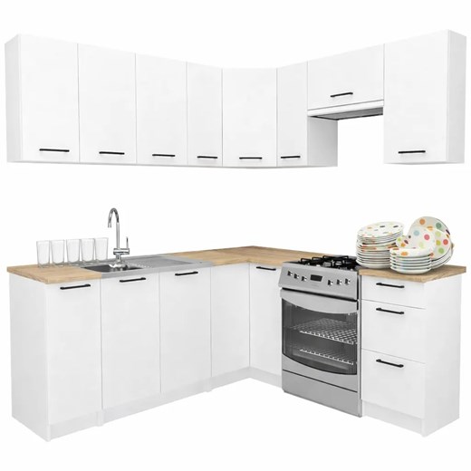 Biały narożny komplet mebli kuchennych  A6-F02 ze sklepu Edinos.pl w kategorii Zestawy mebli kuchennych - zdjęcie 188755268