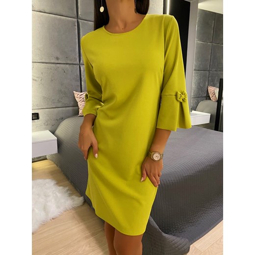 Limonkowa Klasyczna Sukienka z Rozszerzanym Rękawem ze sklepu ModnaKiecka.pl w kategorii Sukienki - zdjęcie 188821659