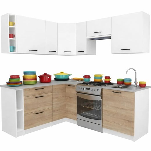 Narożne meble do kuchni dąb sonoma + biały  K6-K63 ze sklepu Edinos.pl w kategorii Zestawy mebli kuchennych - zdjęcie 188855145