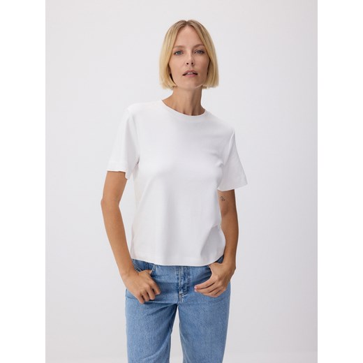 Reserved - T-shirt z bawełny merceryzowanej - biały ze sklepu Reserved w kategorii Bluzki damskie - zdjęcie 188872159