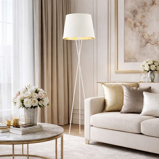 Biała lampa stojąca na 3 nogach do sypialni TOKIO GOLD ze sklepu Lysne w kategorii Lampy podłogowe - zdjęcie 188930319