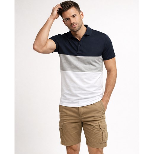 Koszulka polo męska w pasy granatowo-szaro-biała Recea ze sklepu Recea.pl w kategorii T-shirty męskie - zdjęcie 189033816