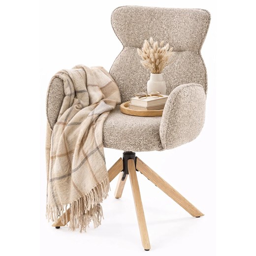 Obrotowe krzesło tapicerowane ciemny beż + dąb naturalny D7-M28 ze sklepu Edinos.pl w kategorii Krzesła - zdjęcie 189035249