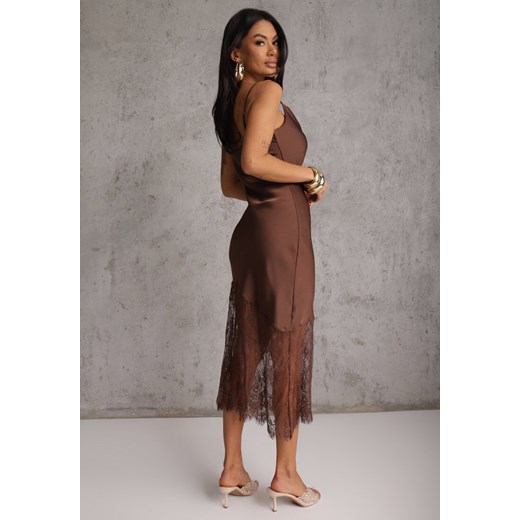 Brązowa Satynowa Sukienka o Asymetrycznym Kroju z Koronkowym Dołem Mellea Renee S renee.pl