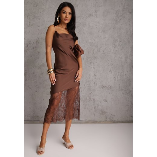 Brązowa Satynowa Sukienka o Asymetrycznym Kroju z Koronkowym Dołem Mellea Renee M renee.pl
