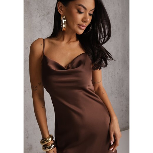 Brązowa Satynowa Sukienka o Asymetrycznym Kroju z Koronkowym Dołem Mellea Renee M renee.pl