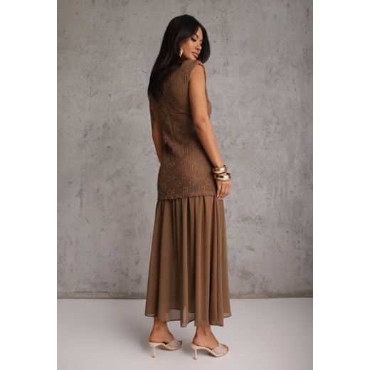 Brązowa Ażurowa Sukienka z Transparentnym Dołem i Usztywnionymi Ramionami Renee M renee.pl