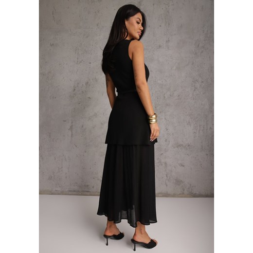 Czarna Dzianinowa Sukienka z Wiskozą Zdobiona Podszewką i Paskiem z Klamrą Renee M renee.pl