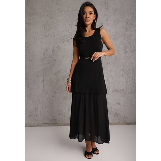 Czarna Dzianinowa Sukienka z Wiskozą Zdobiona Podszewką i Paskiem z Klamrą Renee S renee.pl