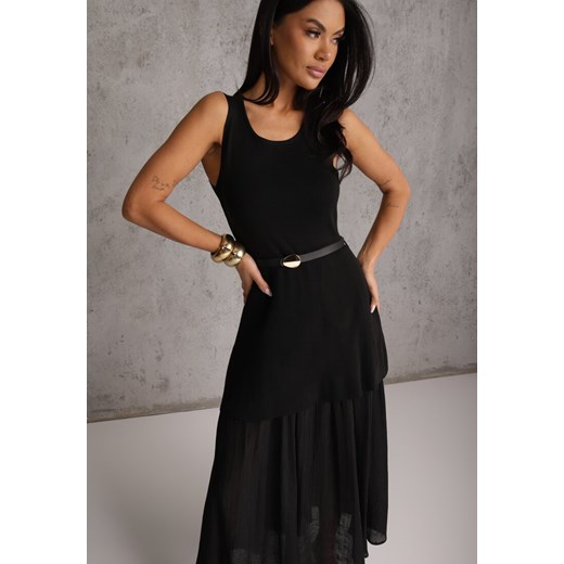 Czarna Dzianinowa Sukienka z Wiskozą Zdobiona Podszewką i Paskiem z Klamrą Renee S renee.pl