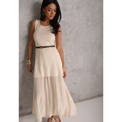 Beżowa Dzianinowa Sukienka z Wiskozą Zdobiona Podszewką i Paskiem z Klamrą Renee S renee.pl