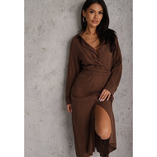 Brązowa Koszulowa Sukienka z Wiskozy z Asymetrycznym Drapowaniem i Guzikiem Renee L renee.pl