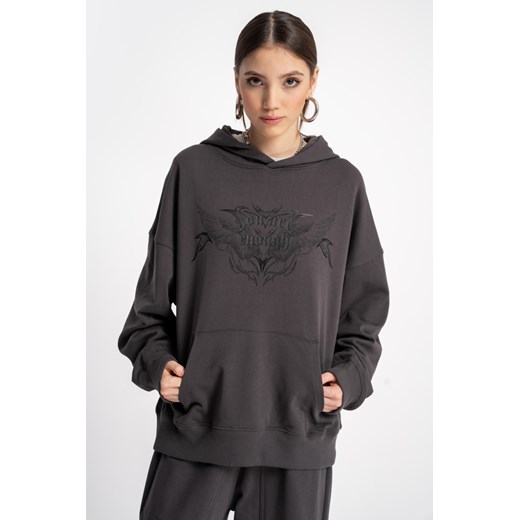 Ciemnoszara bluza BOXY z kapturem z autorska grafiką z przodu, Rozmiar - 140, Kolor - Ciemny szary ze sklepu REPORTER w kategorii Bluzy dziewczęce - zdjęcie 189108189
