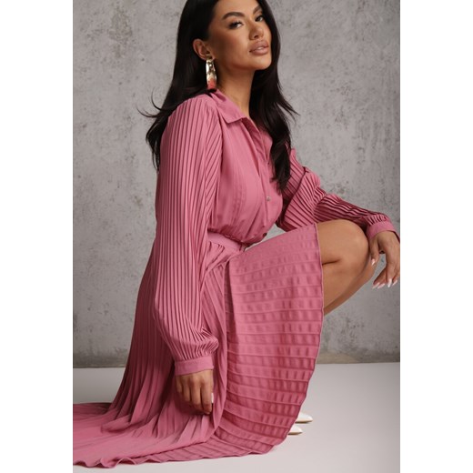Fuksjowa Koszulowa Sukienka z Plisowanymi Zdobieniami i Paskiem z Klamrą Renee L renee.pl