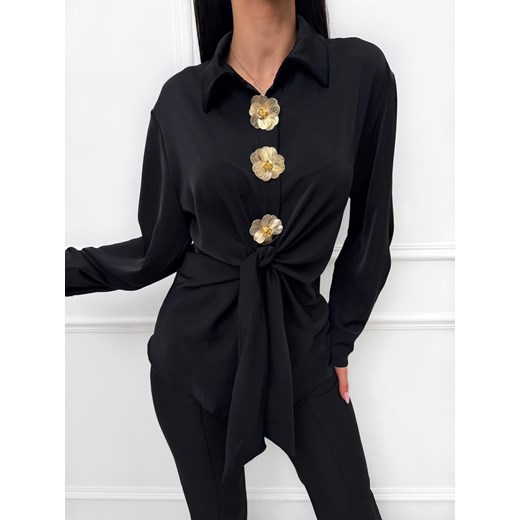 Czarna Satynowa Koszula z Wiązaniem ze sklepu ModnaKiecka.pl w kategorii Koszule damskie - zdjęcie 189120766
